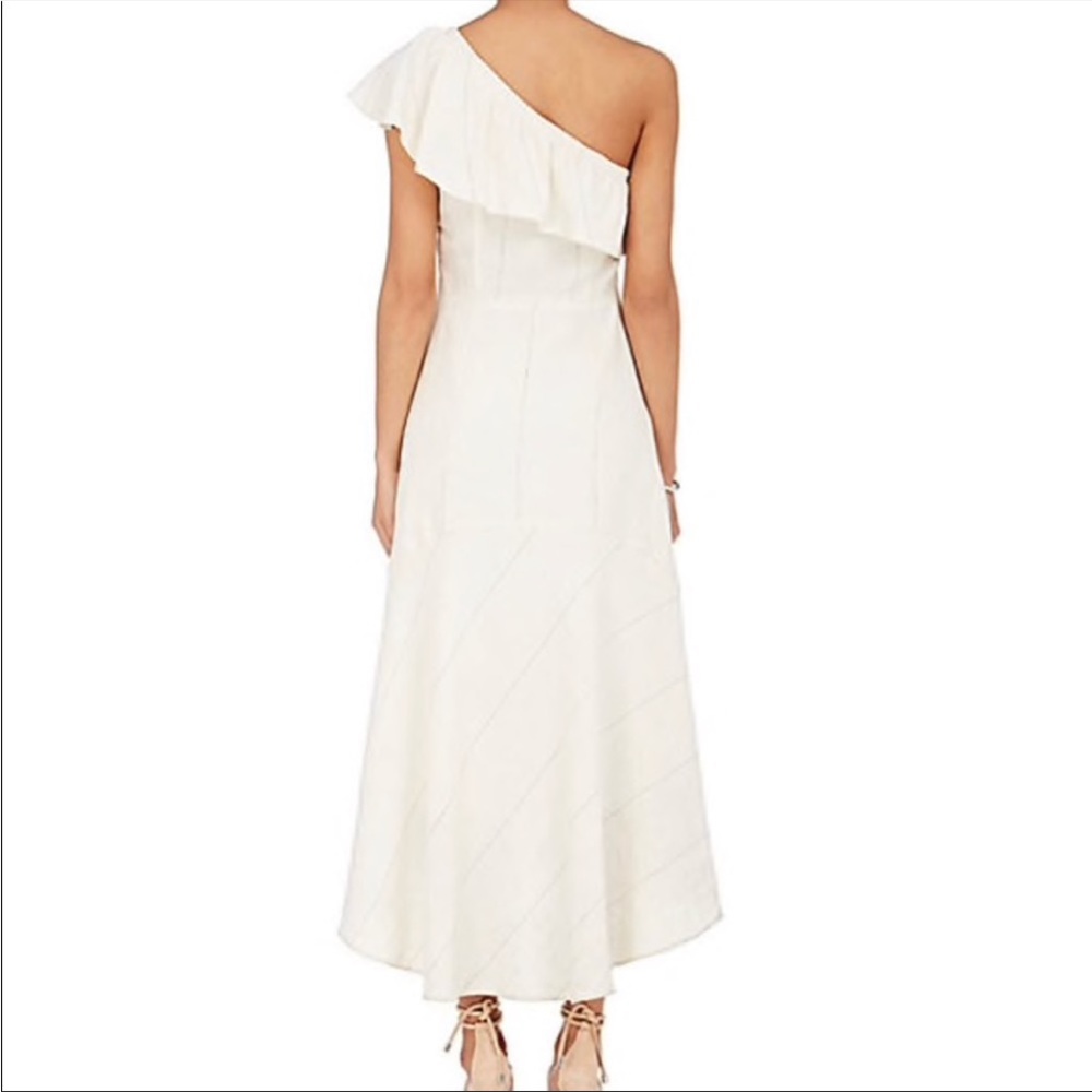 NWT A.L.C. One Shoulder Linen Silk Ruffle Overlay Midi Dress Ecru Navy Stripe - Picture 5 of 11